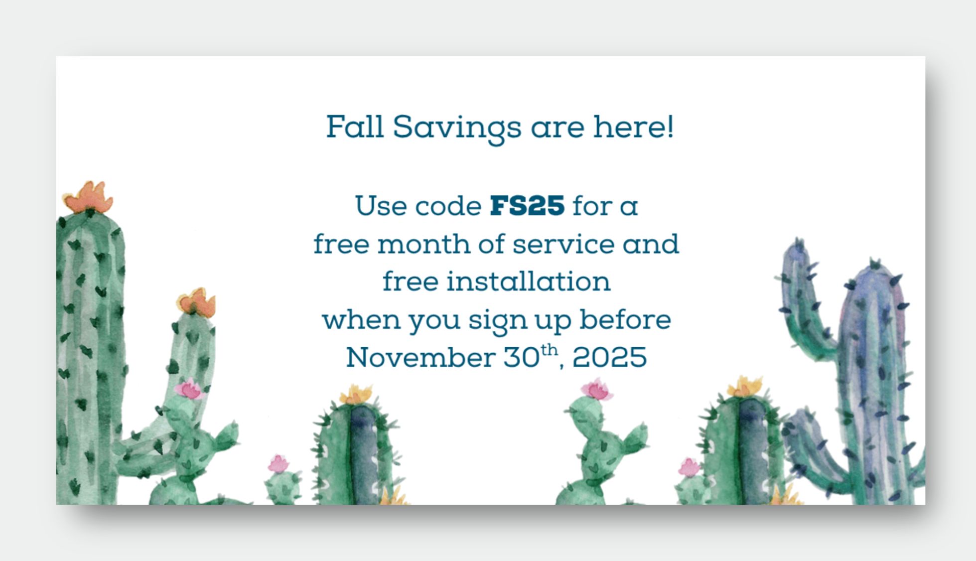  Promotional graphic featuring cacti, announcing fall savings with code FS25 for free service and installation before November 30, 2025.